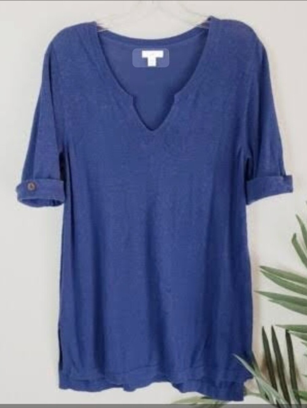 J. Jill Women's Linen Blend Blue V-Neck Tunic with Rolled Sleeves SZ MP